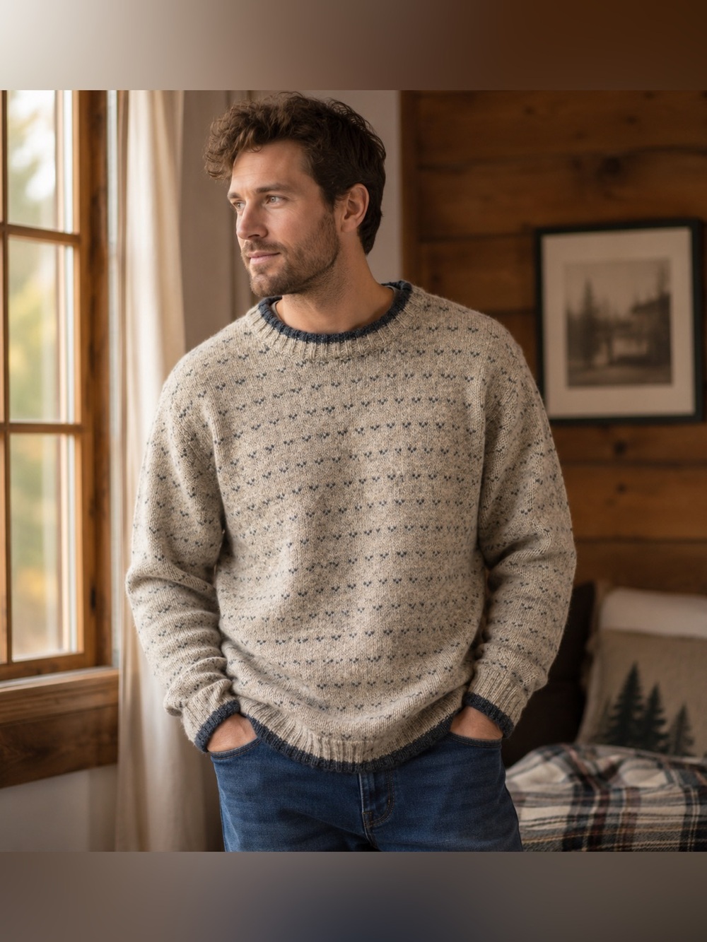 Woolrich Oatmeal Crewneck Sweater with Navy Trim Vintage